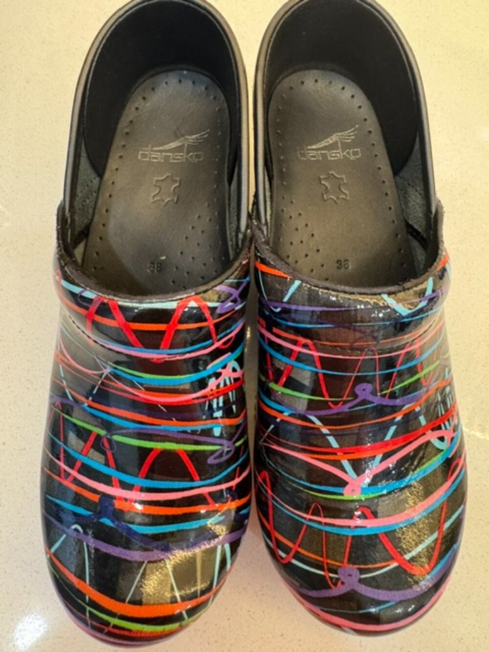 Dansko "Streamers Patent" Professional Clogs Black/Multicolored sz 38